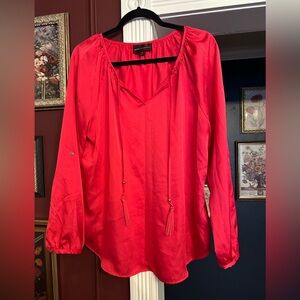 Satin Hot Flamingo Pink Peasant Blouse Bishop Sleeves V Neck Size Large